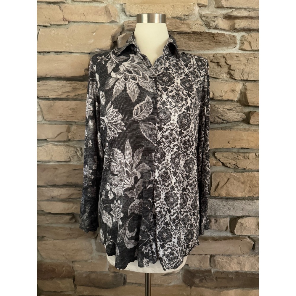 David Cline Womens XL Mixed Print Floral Damask Button Up Shirt Black White 8800